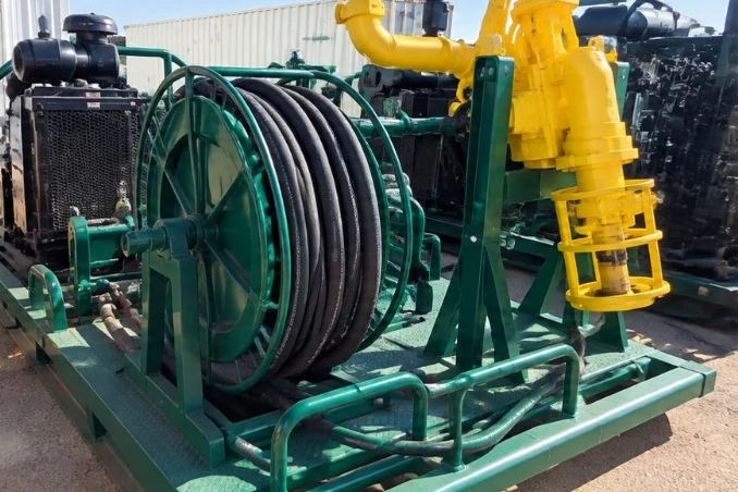 85-ton hydraulic power swivel with hose reel and power unit on a skid, ready to rent