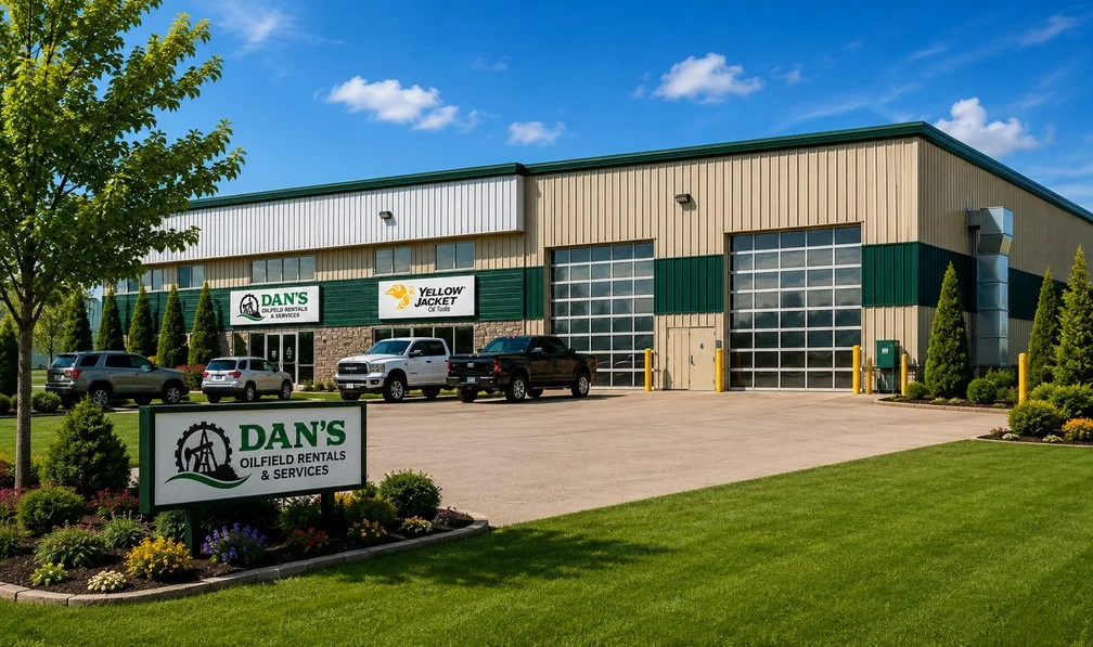 Dan's Oilfield Rentals & Services shop in Grande Prairie, Alberta, with yard trucks parked out front.