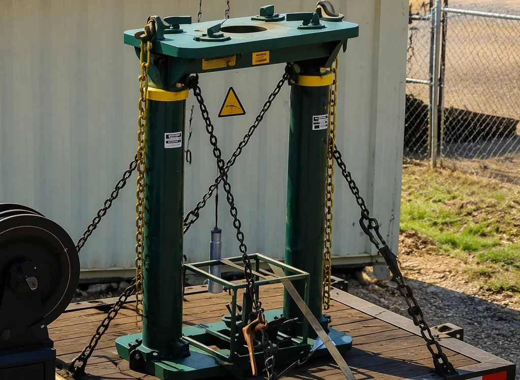 Green 125-ton two-post hydraulic casing jack with chains, standing on the flatbed of Dan's jack truck