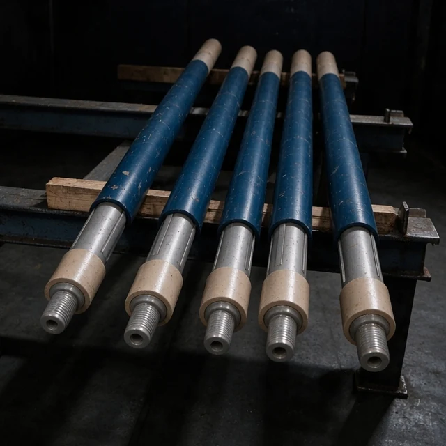 Five Bowen TerraForce coiled tubing jars on a steel rack, navy bodies with tan collars and threaded pin ends