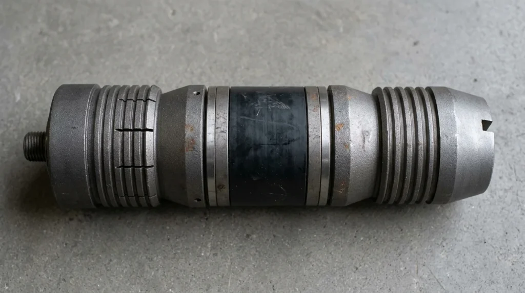 A bridge plug laid flat on a concrete floor, showing the upper slips, black rubber packing element, lower slips and guide shoe