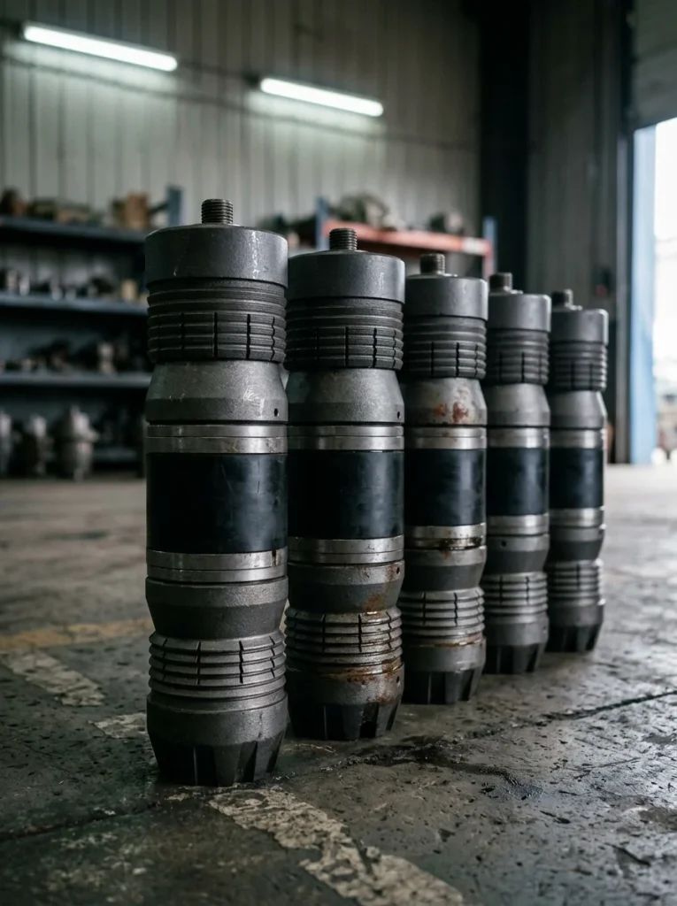 Five bridge plugs standing in a row on a shop floor, showing the upper slips, black rubber packing element, lower slips and guide shoe of each