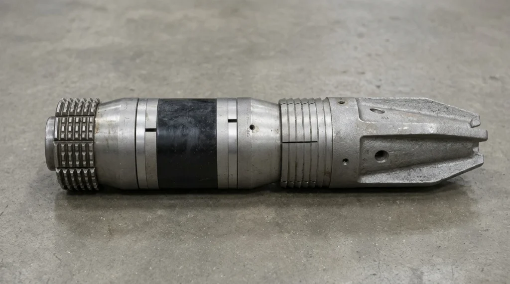 A cement retainer laid flat on a shop floor, showing the upper slips, black rubber packing element, lower slips and guide shoe