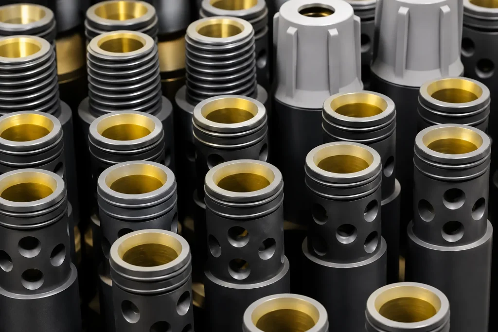 Rows of internal and external coil tubing connectors with brass sealing sleeves