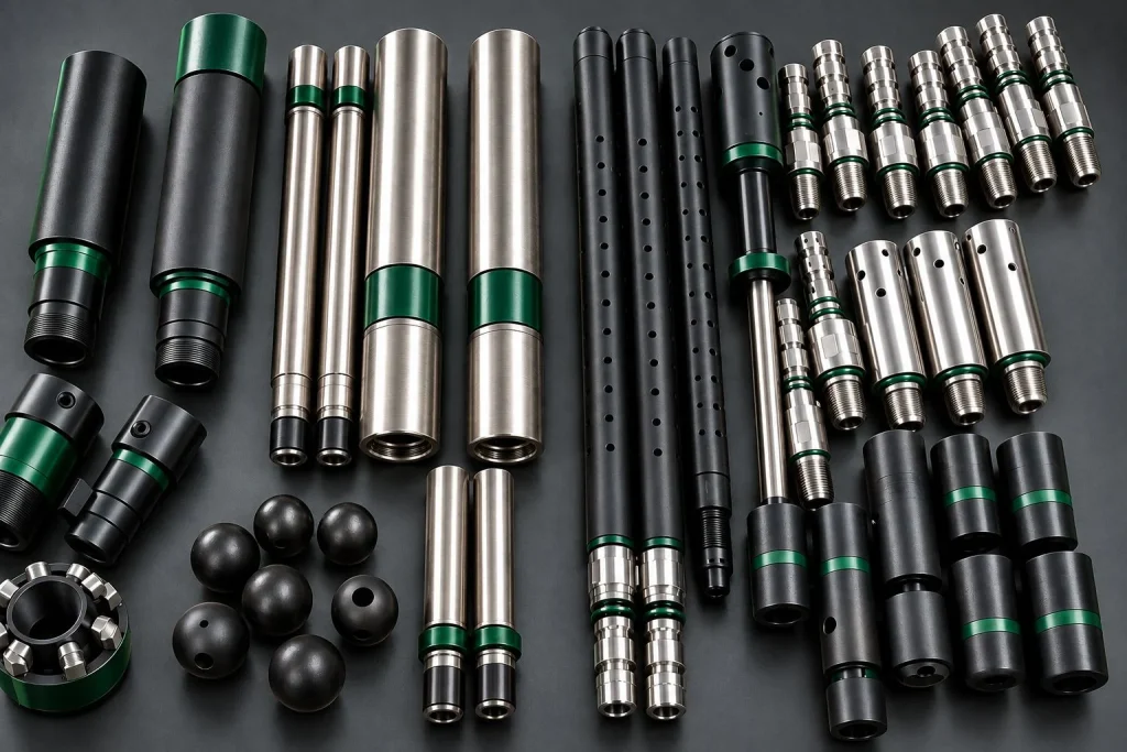 Coil and thru tubing components laid out: motor sections, tubes, connectors and ball seats
