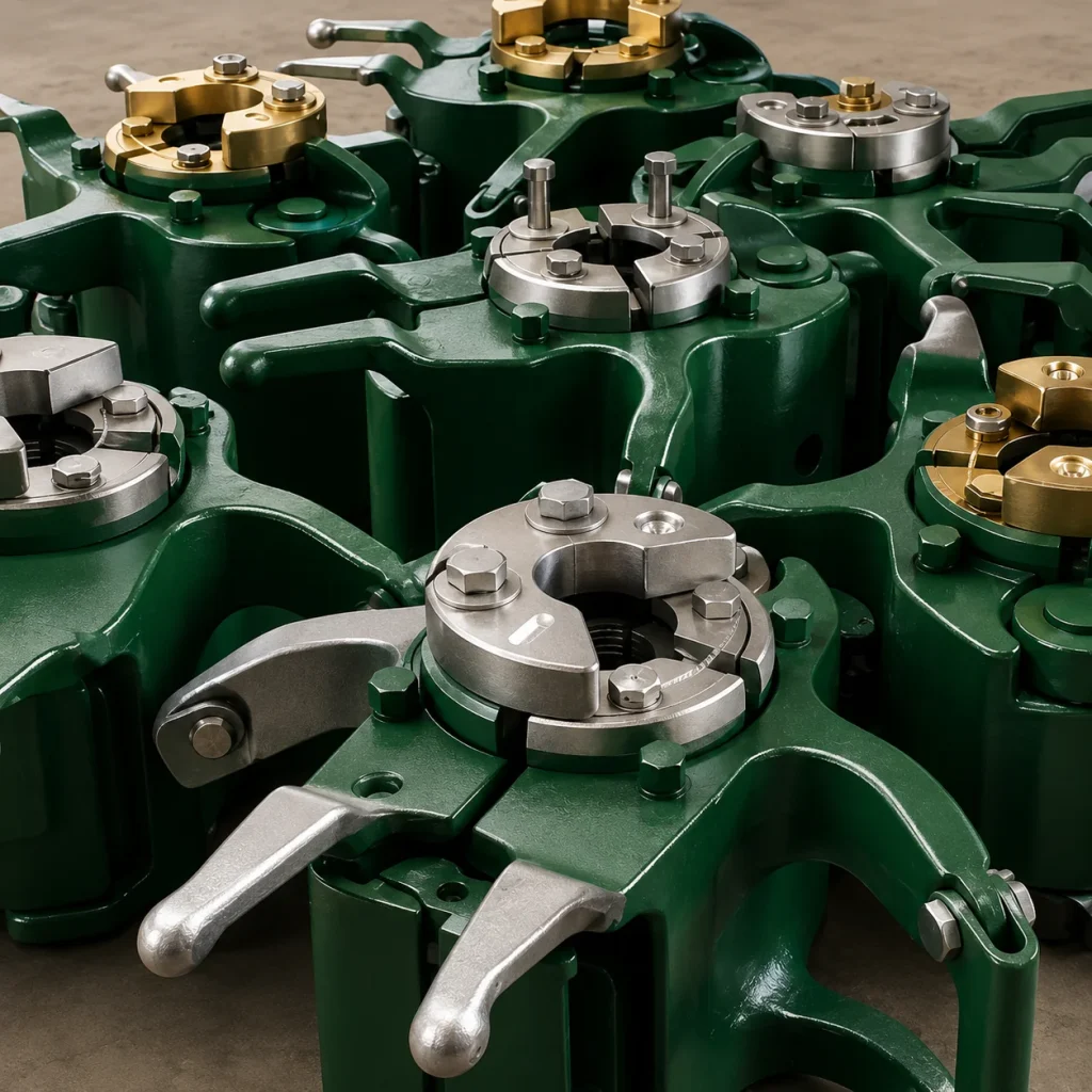 Elevator bushings and slip inserts for handling equipment, close-up on a green rack