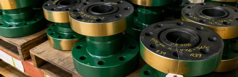 Flanges and spools stacked at Dan's yard, tagged and ready for rental