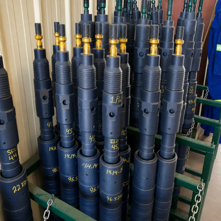Blue packer assemblies with brass-collared threaded tops standing in a green shop rack, marked with casing sizes in yellow