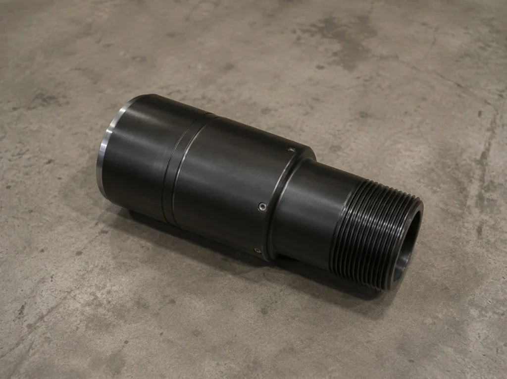 Tubing drain sub with shear-screw sleeve and threaded pin end lying on a shop floor