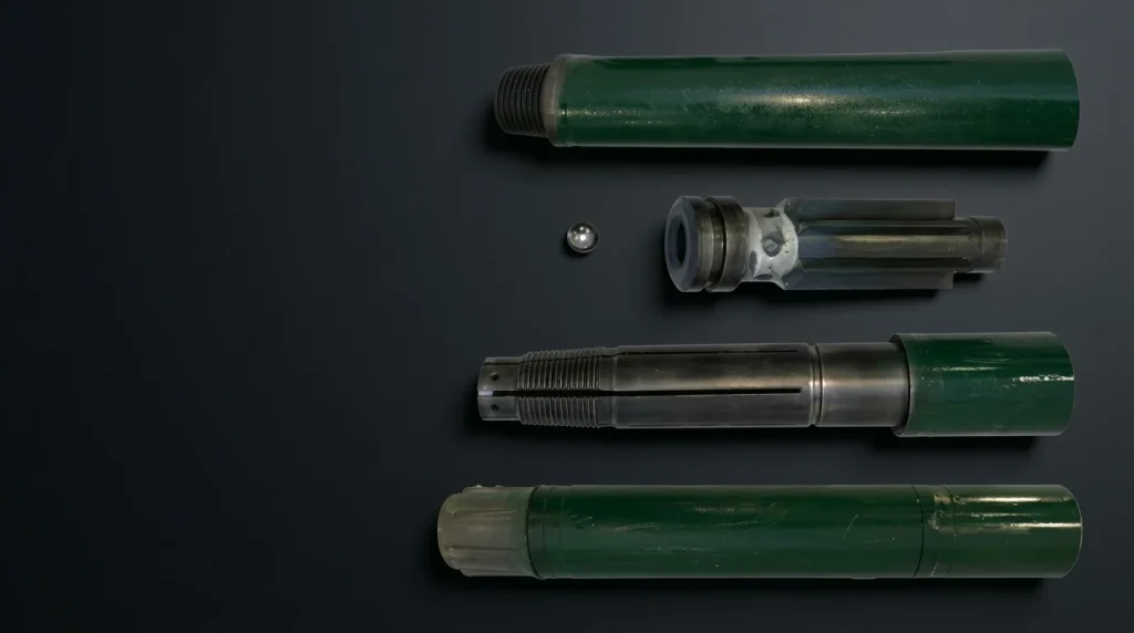 A Venturi hydraulic disconnect taken apart and laid out on a dark surface: the top sub, deployment ball, shear piston, lower housing sub and the assembled tool