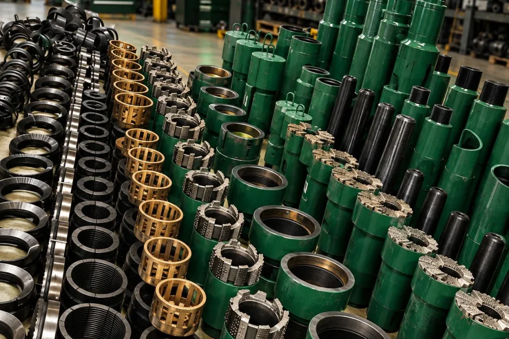 Rows of fishing tool components in Dan's shop: overshot grapples, slip rings and carbide-dressed shoes