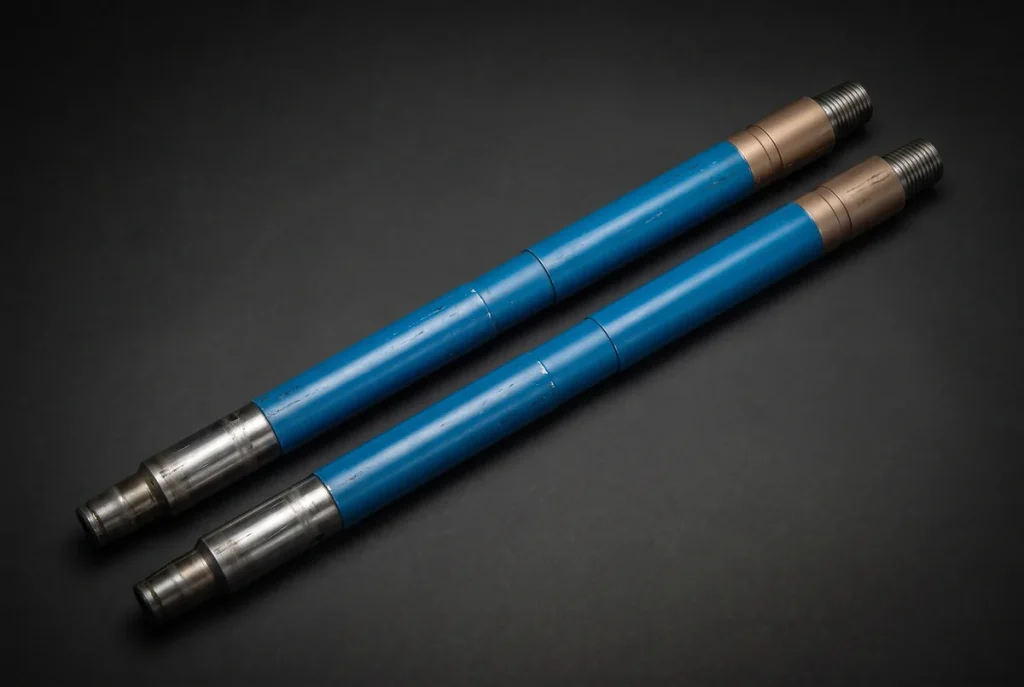 Two coiled tubing agitator tools laid side by side: threaded pin, bronze cap, blue body with joint lines and a stepped bare-steel lower end