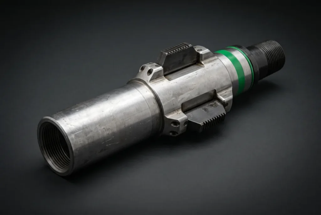 No-turn tool with gripping dies on a steel body, with a green band