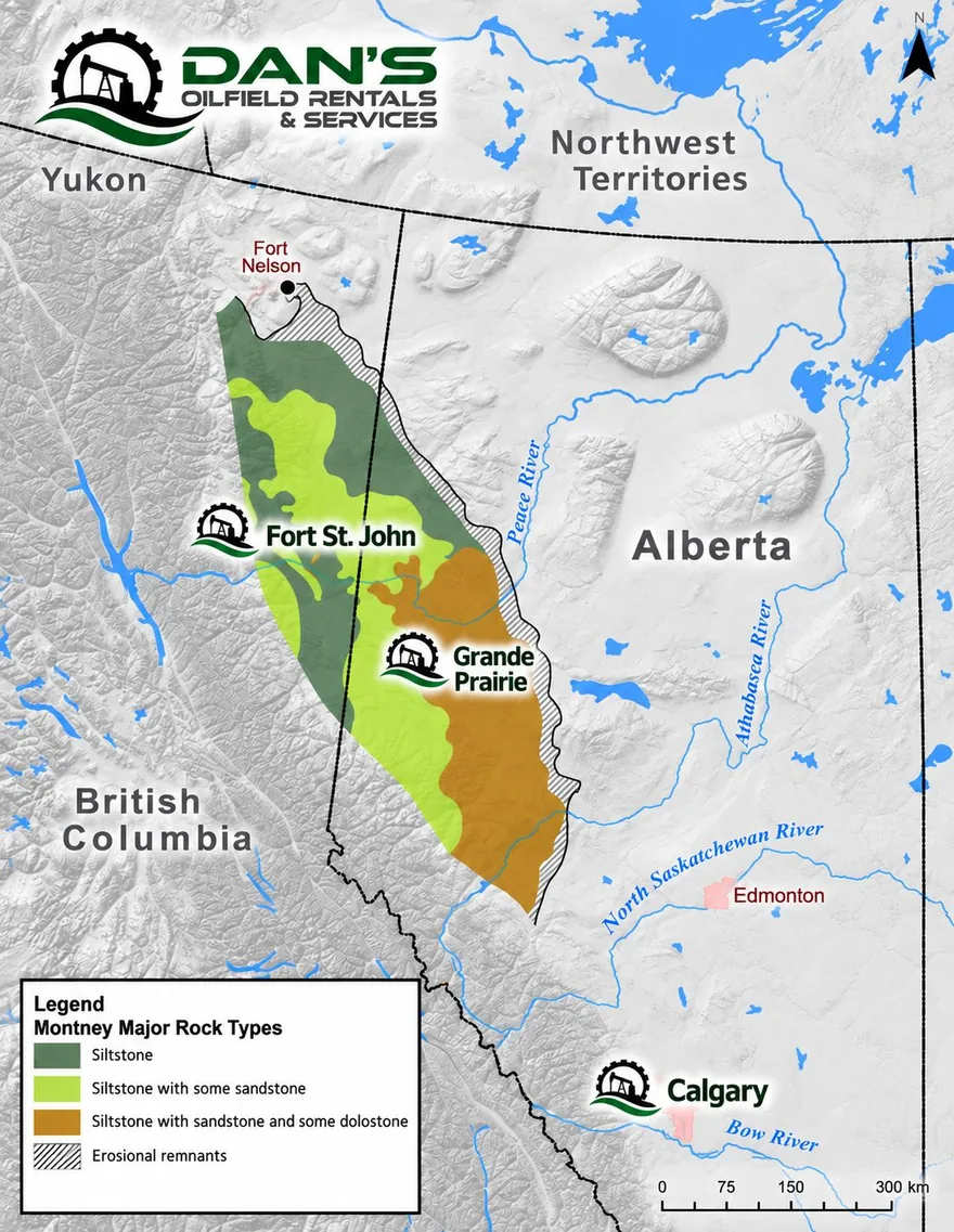 Map of Dan's Oilfield Rentals locations in Fort St. John, Grande Prairie and Calgary, over the Montney formation in northeast BC and northwest Alberta