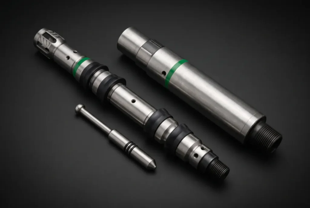 Selective treating tool with rubber cups, its retrievable dart and a tension unloader, bare steel with green bands
