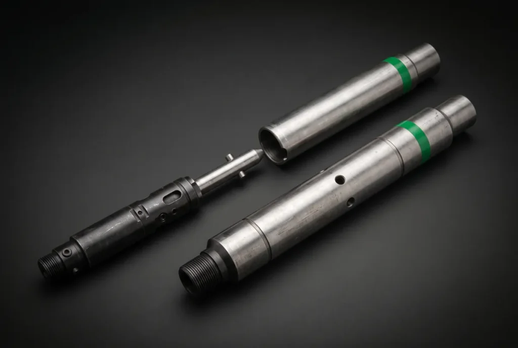 K-Valve in two halves beside a by-pass valve with side ports, bare steel with green bands